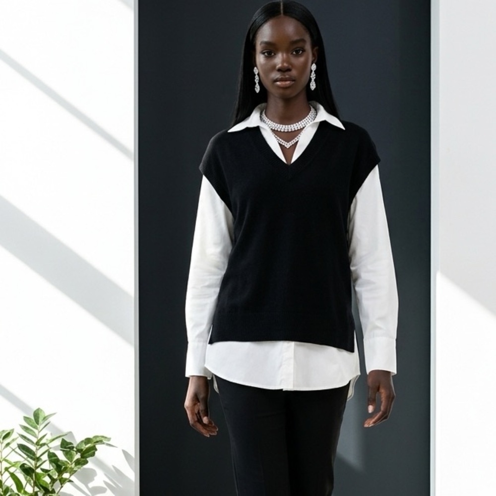 Elan Black V-Neck Sweater Over White Attached Blouse